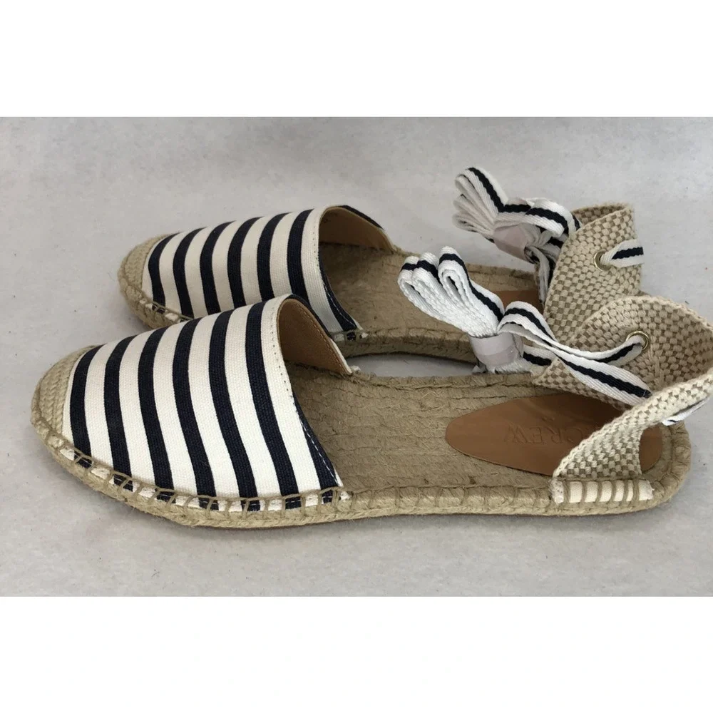 J. Crew Womens Sz 8.5 Striped Espadrille Flats w/Ankle Ties Boho Summer Sandals - Picture 3 of 9